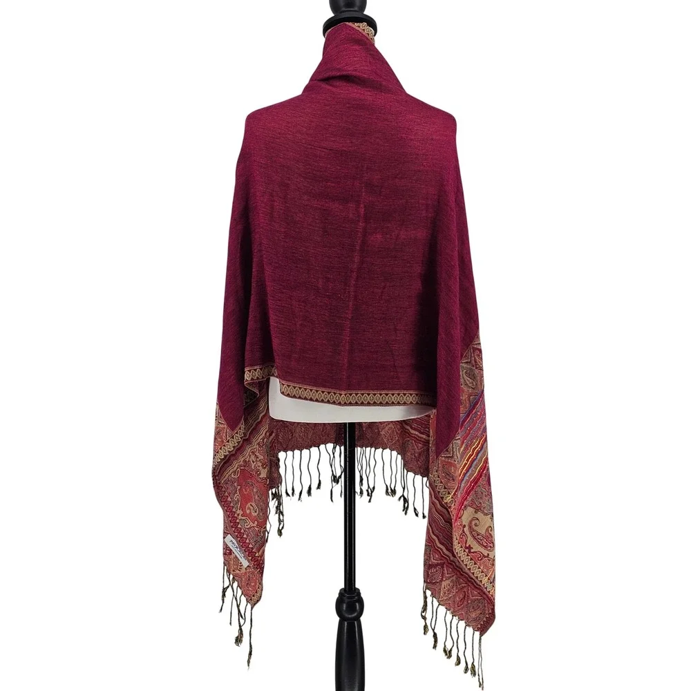 100% Pashmina Scarf Wrap Large Burgundy Paisley Boho Rainbow Tassel Luxury Shawl